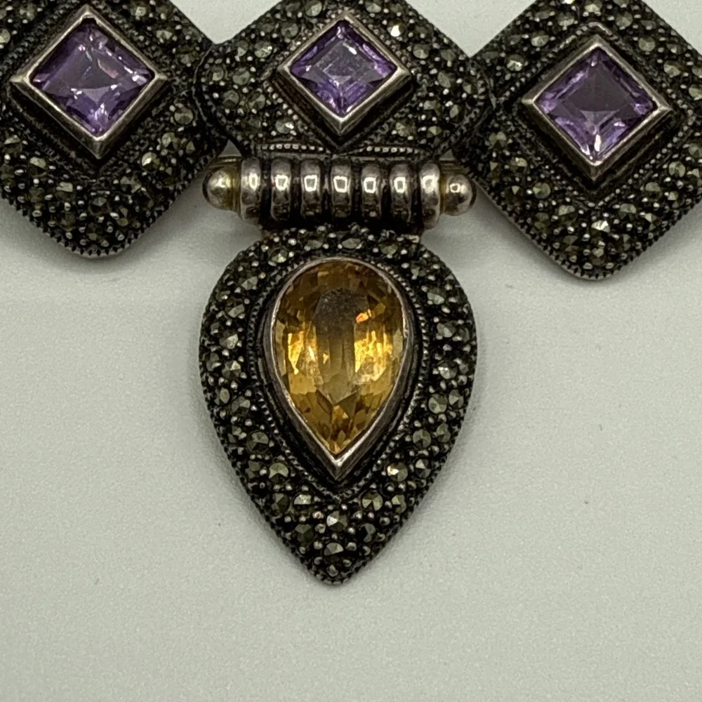 JUDITH JACK 925 Sterling Silver Vintage Amethyst Citrine Marcasite Gem Pendant